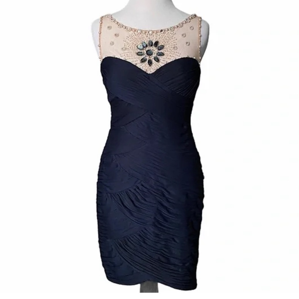 Adrianna Papell Ruched Navy Embellished Mesh Cocktail Dress Size 8P